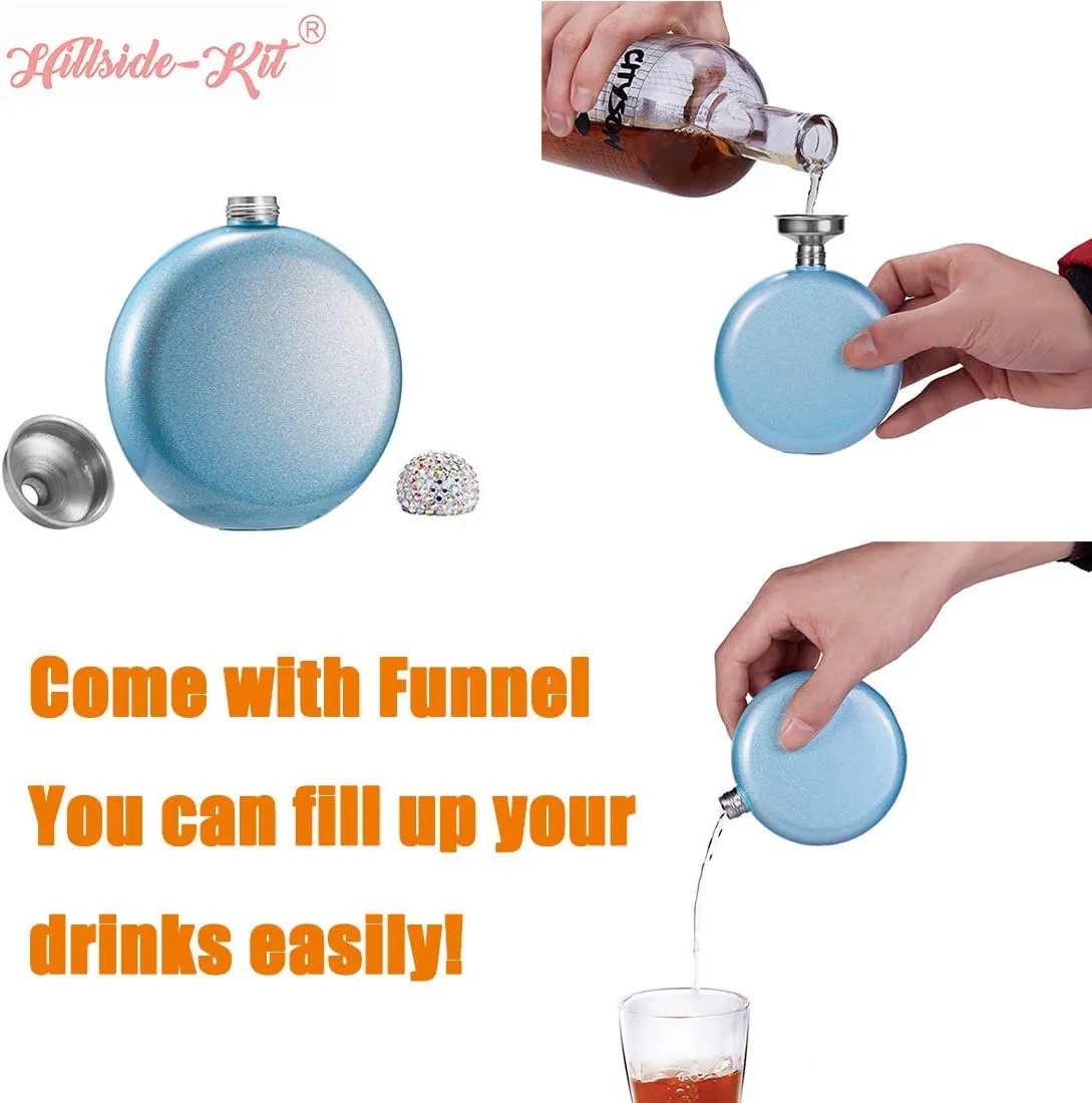 Hillside-Kit Booze Shot Flask- AB Crystal Lid Creative 304 Stainless Steel Wine Alcohol Liquor Flask for Women Girls Men Party Hand size Flask-5OZ