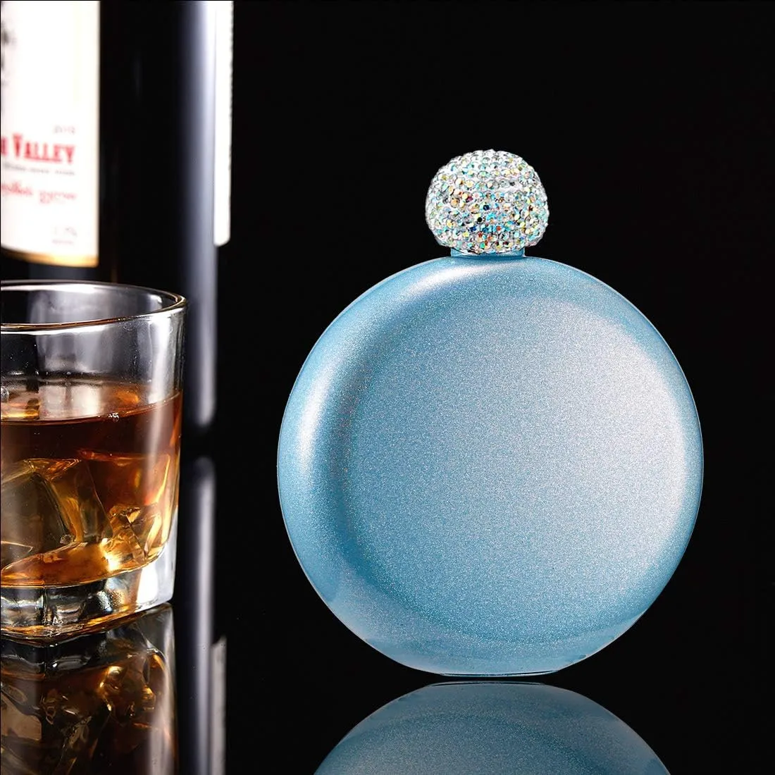 Hillside-Kit Booze Shot Flask- AB Crystal Lid Creative 304 Stainless Steel Wine Alcohol Liquor Flask for Women Girls Men Party Hand size Flask-5OZ