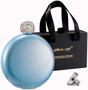 Hillside-Kit Booze Shot Flask- AB Crystal Lid Creative 304 Stainless Steel Wine Alcohol Liquor Flask for Women Girls Men Party Hand size Flask-5OZ