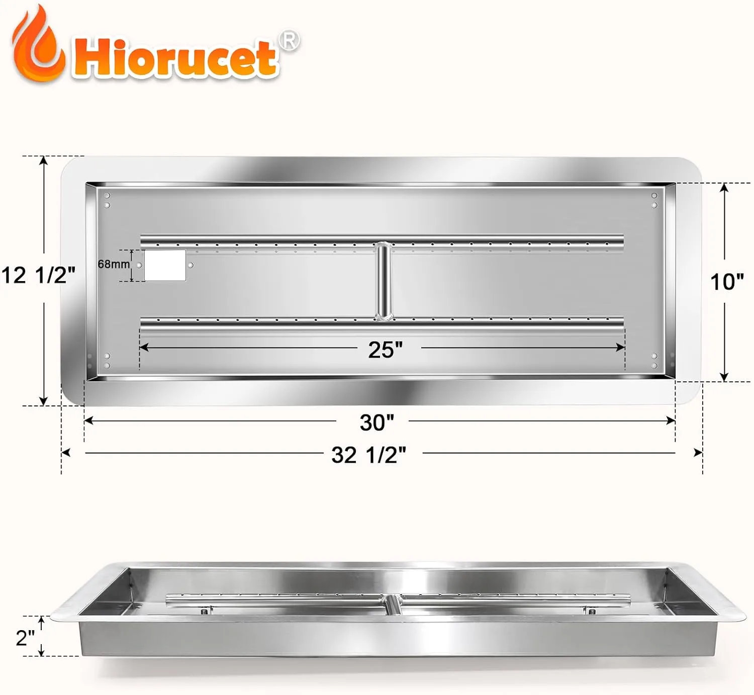 Hiorucet Fire Pit H Burner Kits 30 x 10 Inch, Propane Gas Rectangular Drop-in DIY Fire Pit Pan Kit with Spark Ignition and Propane Hose Kit for Outdoor & Indoor, Stainless Steel Fire Pit Table Insert.