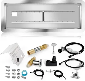 Hiorucet Propane Gas Fire Pit Burner Kit 24 x 8 Inch, Rectangular Drop-in DIY Firepit Kit with H Burner, Spark Ignition and Propane Hose Kit for Outdoor & Indoor, Stainless Steel Fire Pit Table Insert