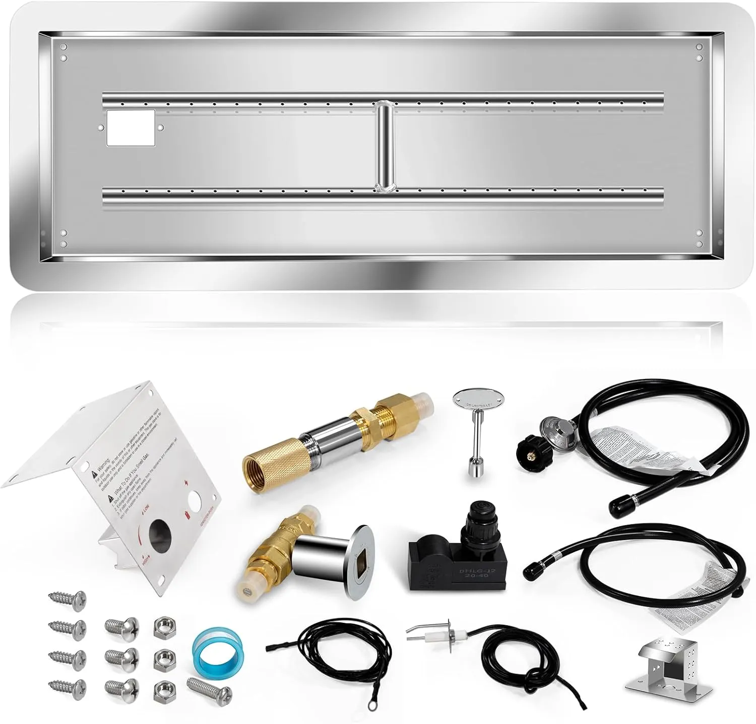 Hiorucet Propane Gas Fire Pit Burner Kit 24 x 8 Inch, Rectangular Drop-in DIY Firepit Kit with H Burner, Spark Ignition and Propane Hose Kit for Outdoor & Indoor, Stainless Steel Fire Pit Table Insert