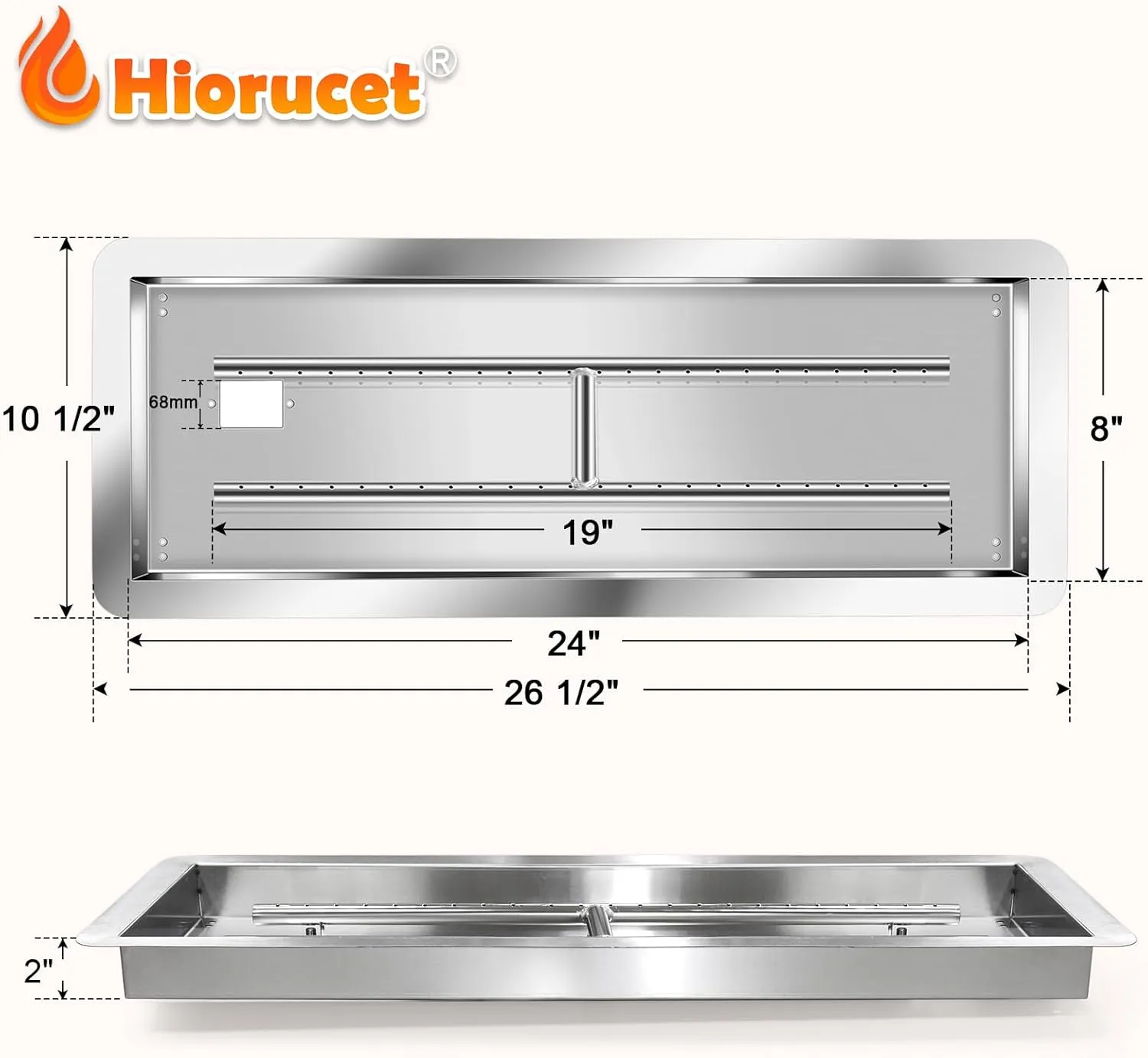 Hiorucet Propane Gas Fire Pit Burner Kit 24 x 8 Inch, Rectangular Drop-in DIY Firepit Kit with H Burner, Spark Ignition and Propane Hose Kit for Outdoor & Indoor, Stainless Steel Fire Pit Table Insert