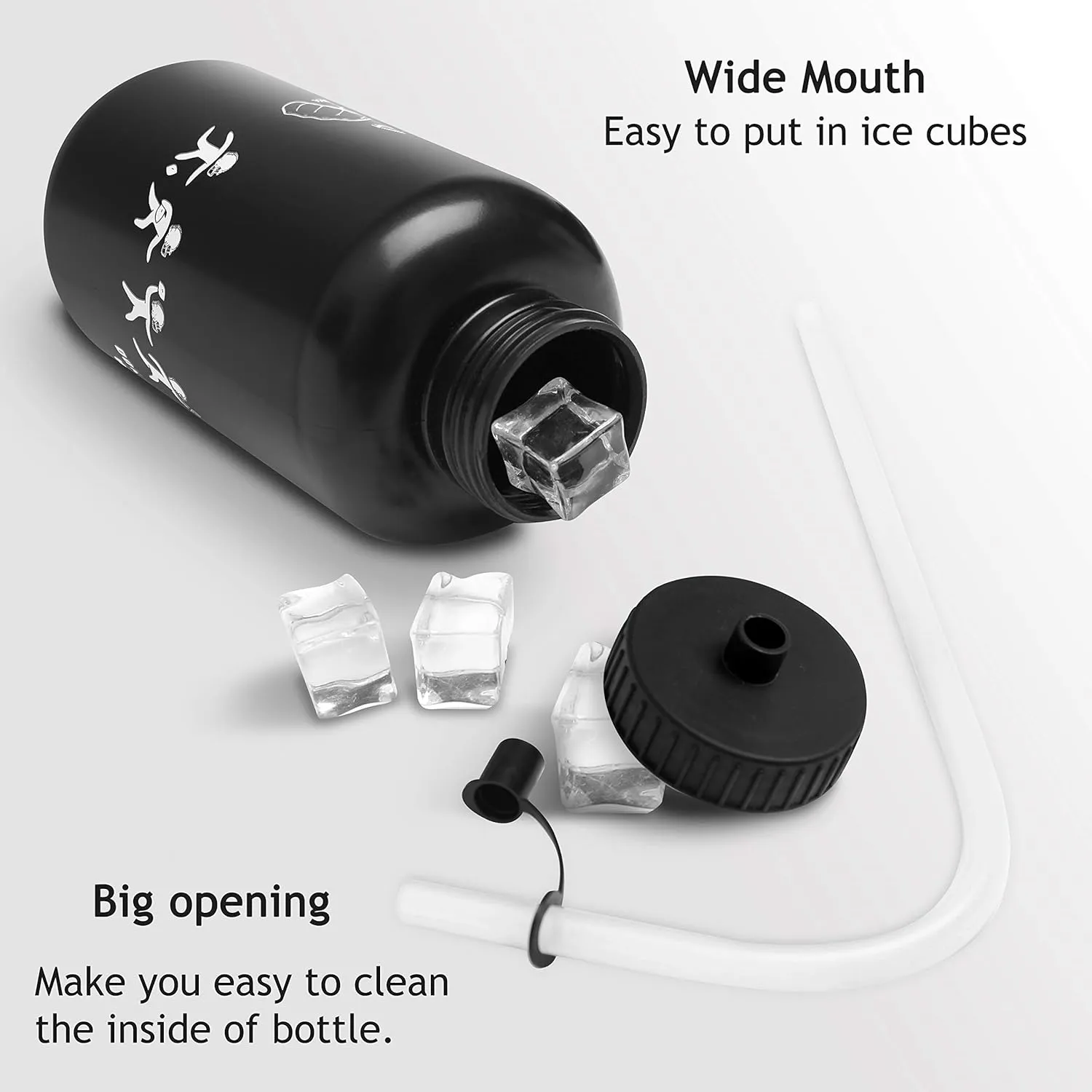 Hockey Water Bottles with Long Straw, Fit for Football Lacrosse Gym Sport, Plastic Squeezable Leakproof BPA Free, No Strange Smell, Easy to Clean, 1 Liter 32 oz (3 Straw Caps) (black)