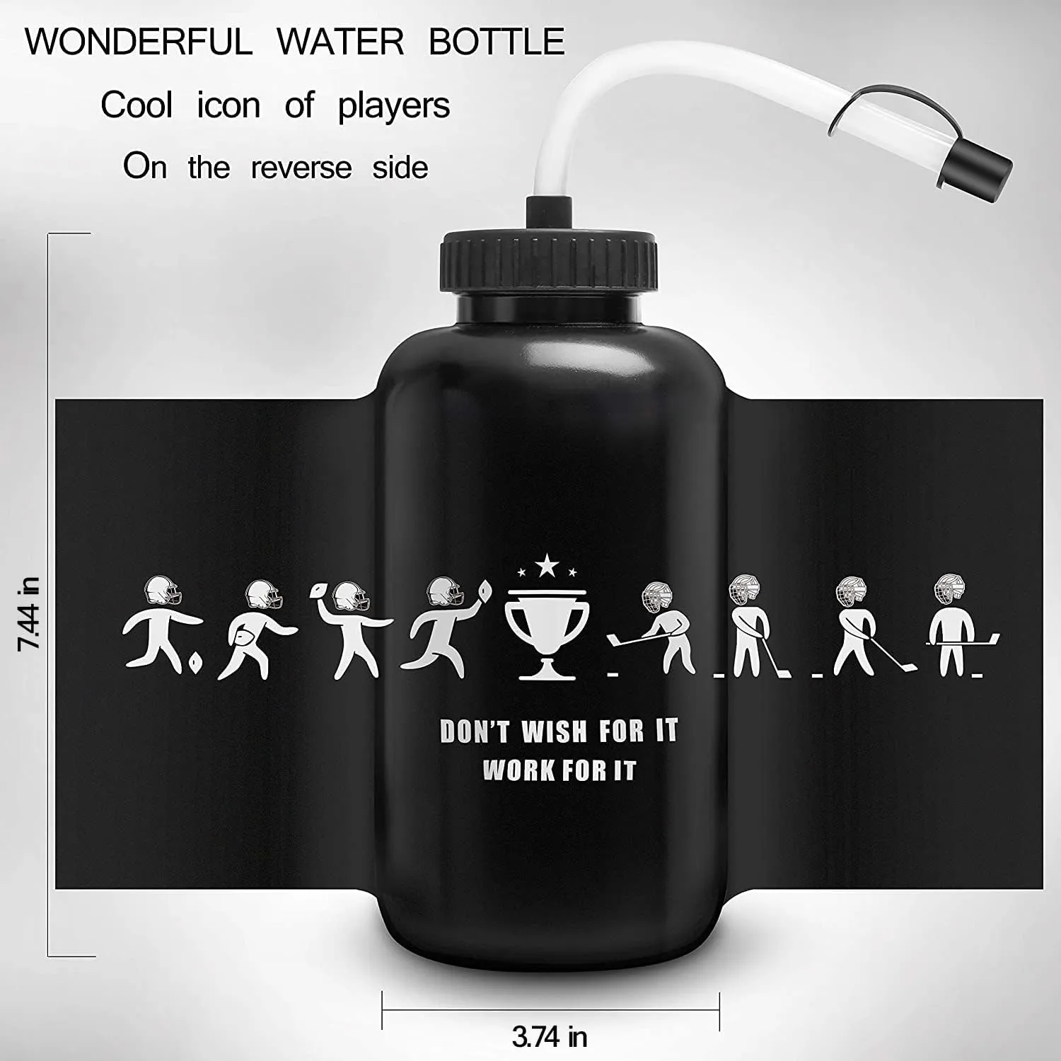 Hockey Water Bottles with Long Straw, Fit for Football Lacrosse Gym Sport, Plastic Squeezable Leakproof BPA Free, No Strange Smell, Easy to Clean, 1 Liter 32 oz (3 Straw Caps) (black)