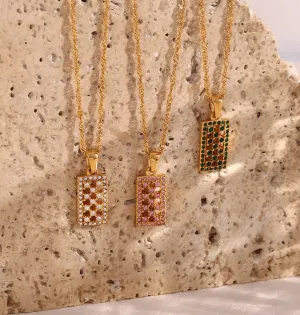 Hollow Full Diamond Rectangle Pendant Necklace