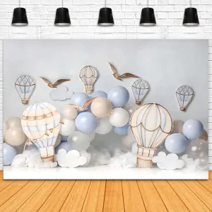 Hot Air Balloon Adventure Awaits Photography Background - Newborn 1st Birthday Party Backdrop - Baby Shower, Wedding Banner - One Year Old First Birthday Cake Smash, 7x5ft