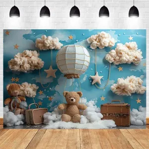 Hot Air Balloon Bear Baby Shower Photography Background Blue Wall Cloud Star Baby Shower Decoration Backdrop Baby Boys One 1st Birthday Backdrop Luggage Adventure Background (B, 7X5feet)