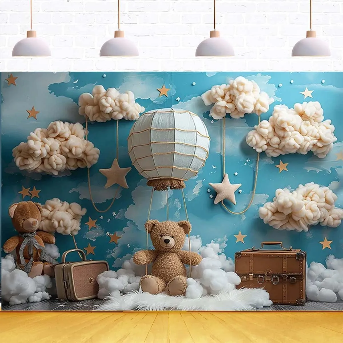 Hot Air Balloon Bear Baby Shower Photography Background Blue Wall Cloud Star Baby Shower Decoration Backdrop Baby Boys One 1st Birthday Backdrop Luggage Adventure Background (B, 7X5feet)