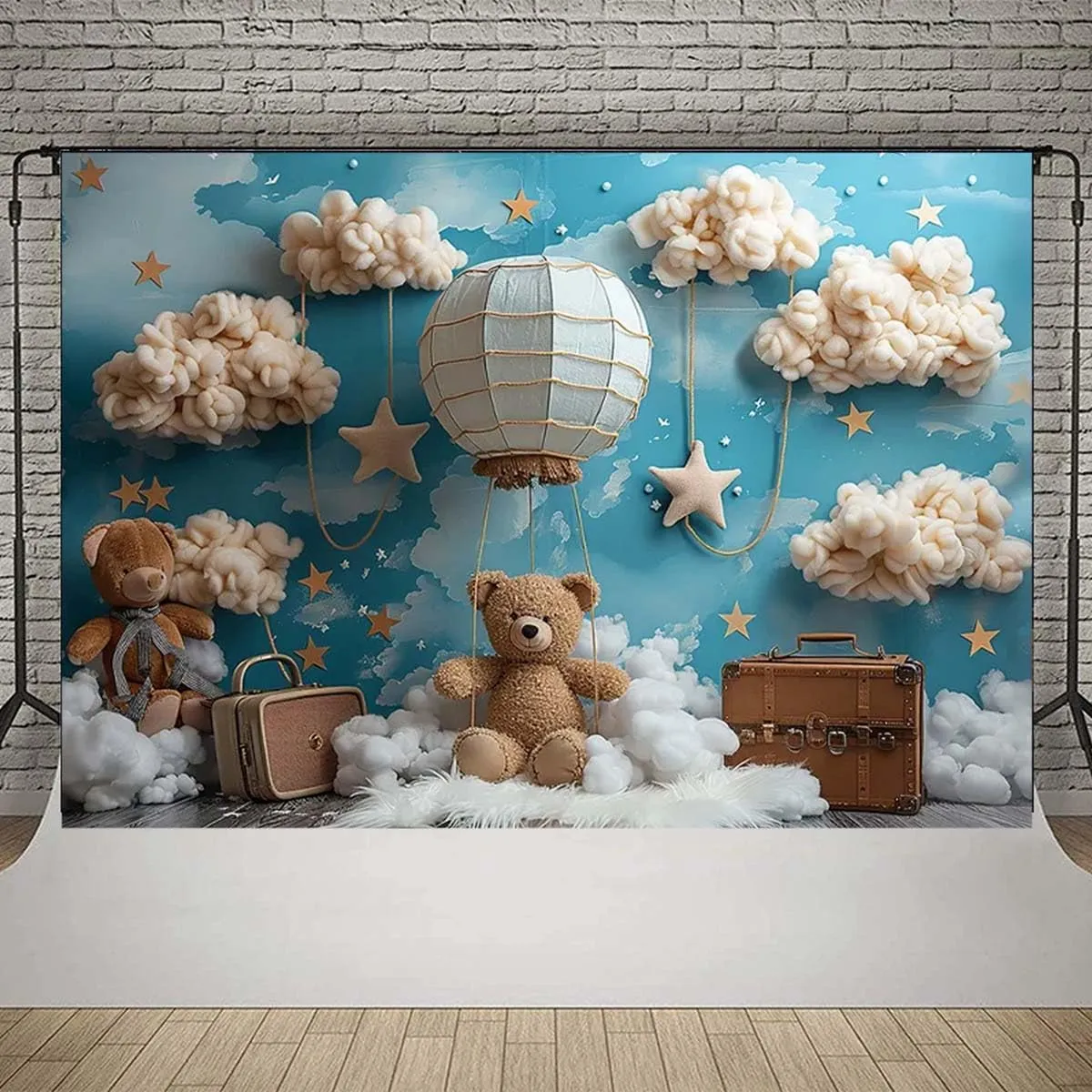 Hot Air Balloon Bear Baby Shower Photography Background Blue Wall Cloud Star Baby Shower Decoration Backdrop Baby Boys One 1st Birthday Backdrop Luggage Adventure Background (B, 7X5feet)
