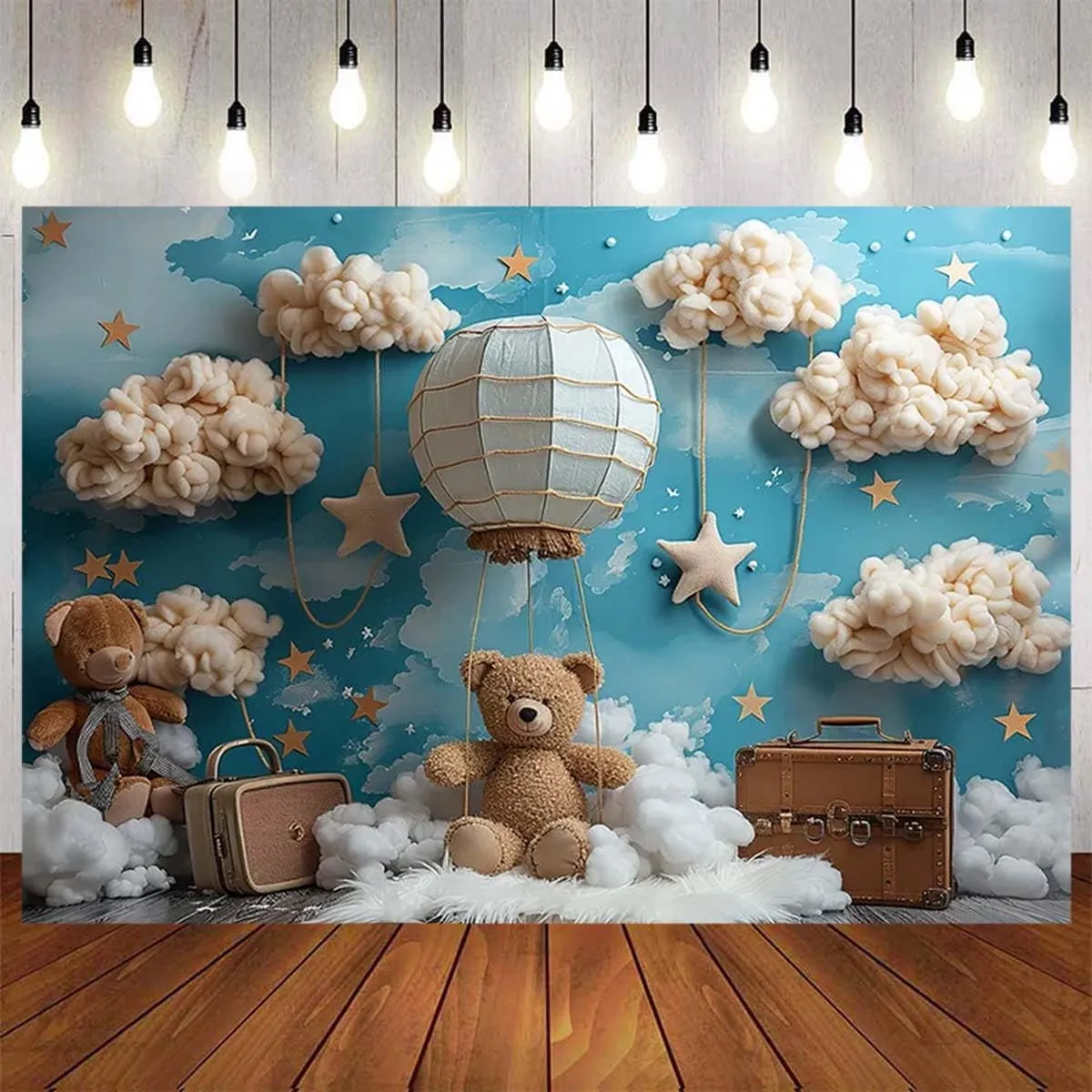 Hot Air Balloon Bear Baby Shower Photography Background Blue Wall Cloud Star Baby Shower Decoration Backdrop Baby Boys One 1st Birthday Backdrop Luggage Adventure Background (B, 7X5feet)