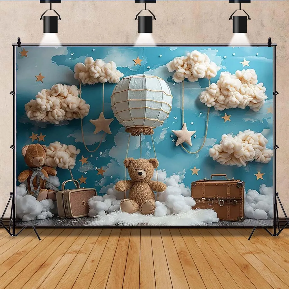 Hot Air Balloon Bear Baby Shower Photography Background Blue Wall Cloud Star Baby Shower Decoration Backdrop Baby Boys One 1st Birthday Backdrop Luggage Adventure Background (B, 7X5feet)