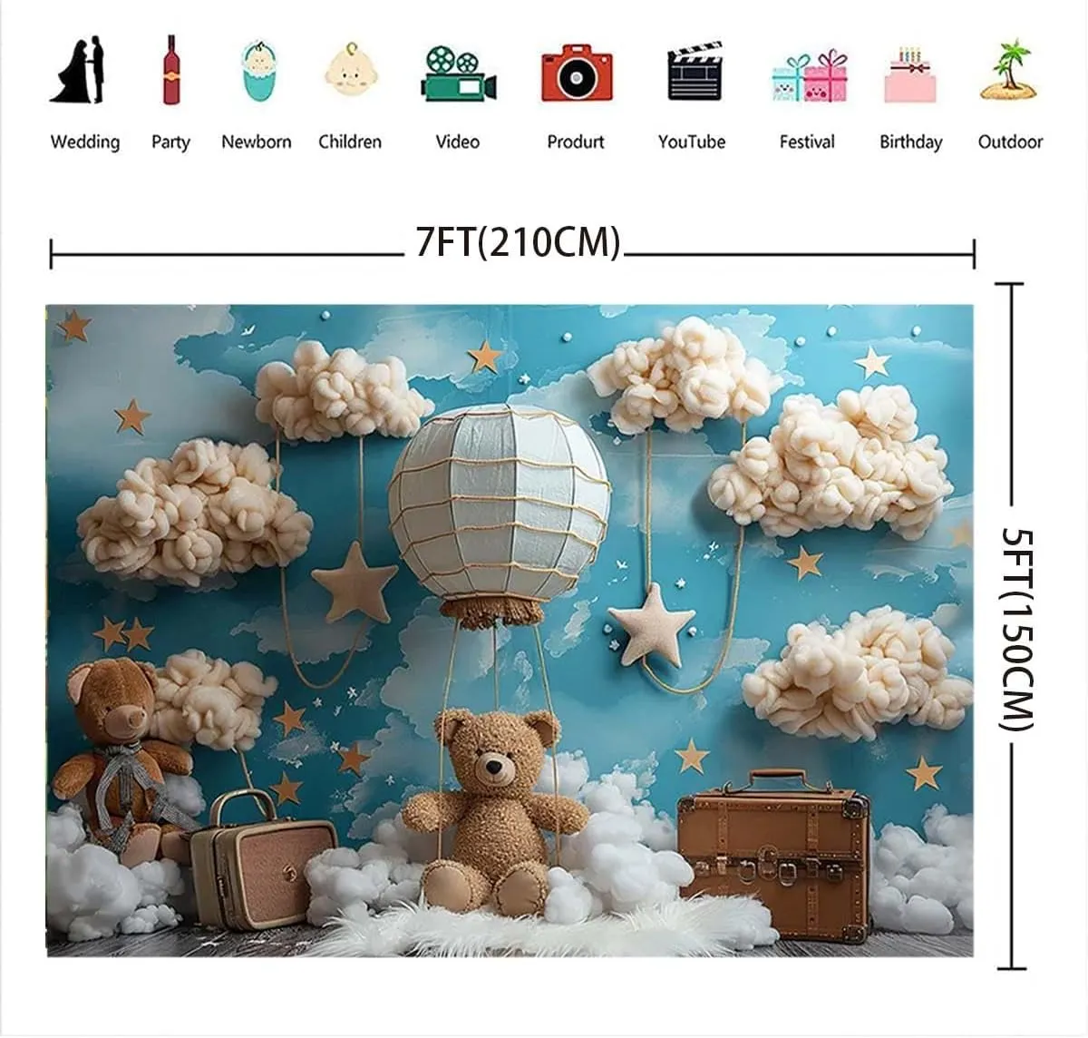 Hot Air Balloon Bear Baby Shower Photography Background Blue Wall Cloud Star Baby Shower Decoration Backdrop Baby Boys One 1st Birthday Backdrop Luggage Adventure Background (B, 7X5feet)