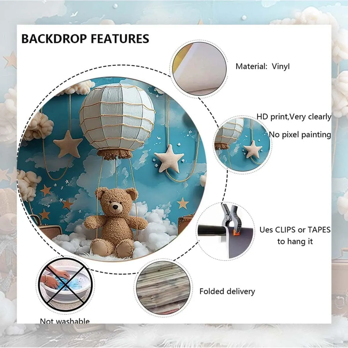 Hot Air Balloon Bear Baby Shower Photography Background Blue Wall Cloud Star Baby Shower Decoration Backdrop Baby Boys One 1st Birthday Backdrop Luggage Adventure Background (B, 7X5feet)