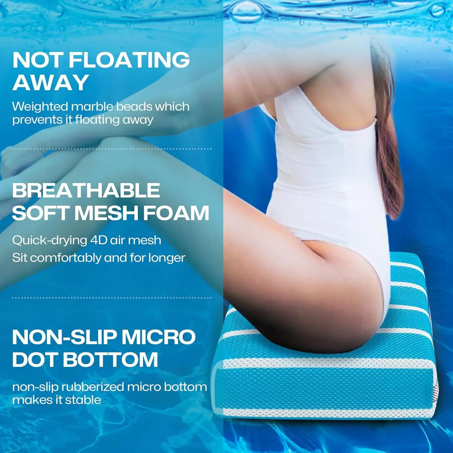 Hot Tub Booster Seat Cushion Pillow for Indoor or Outdoor Use, Weighted Spa Pillow with Washable 4D Mesh Cover & Non-Slip Micro Dot Bottom, Hot Tub Accessories for Adults - 16 x 12 x 4.3 Inche, Blue