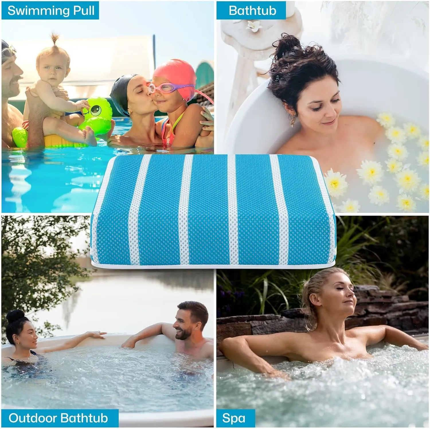 Hot Tub Booster Seat Cushion Pillow for Indoor or Outdoor Use, Weighted Spa Pillow with Washable 4D Mesh Cover & Non-Slip Micro Dot Bottom, Hot Tub Accessories for Adults - 16 x 12 x 4.3 Inche, Blue