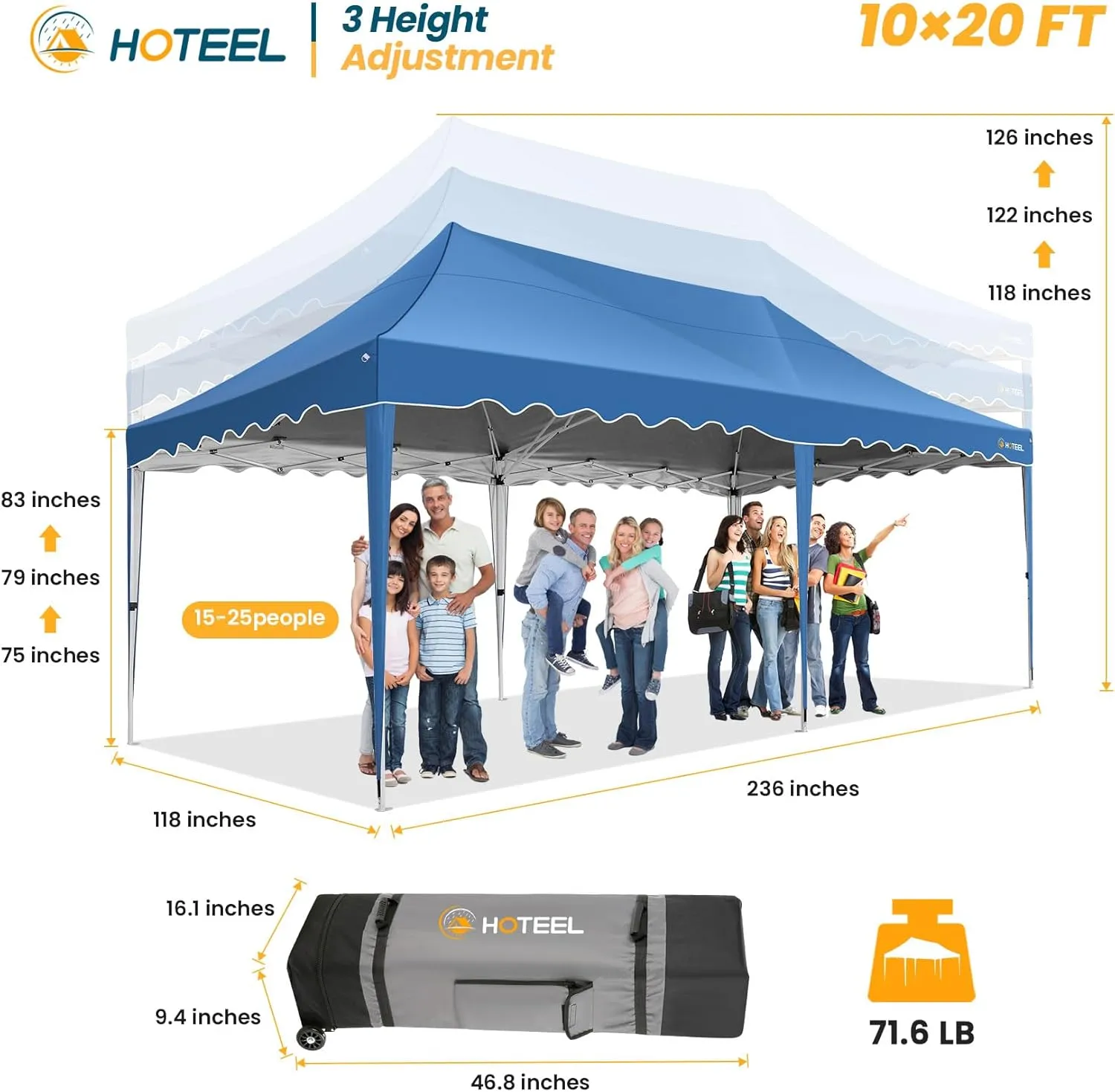 HOTEEL 10×20 Pop Up Canopy, Canopy Tent UV 50  and Waterproof, Thickened Frame, Large Space Easy Pop Up Canopy, Outdoor Canopy for Weddings, Beaches, Parties, Patio (Blue)