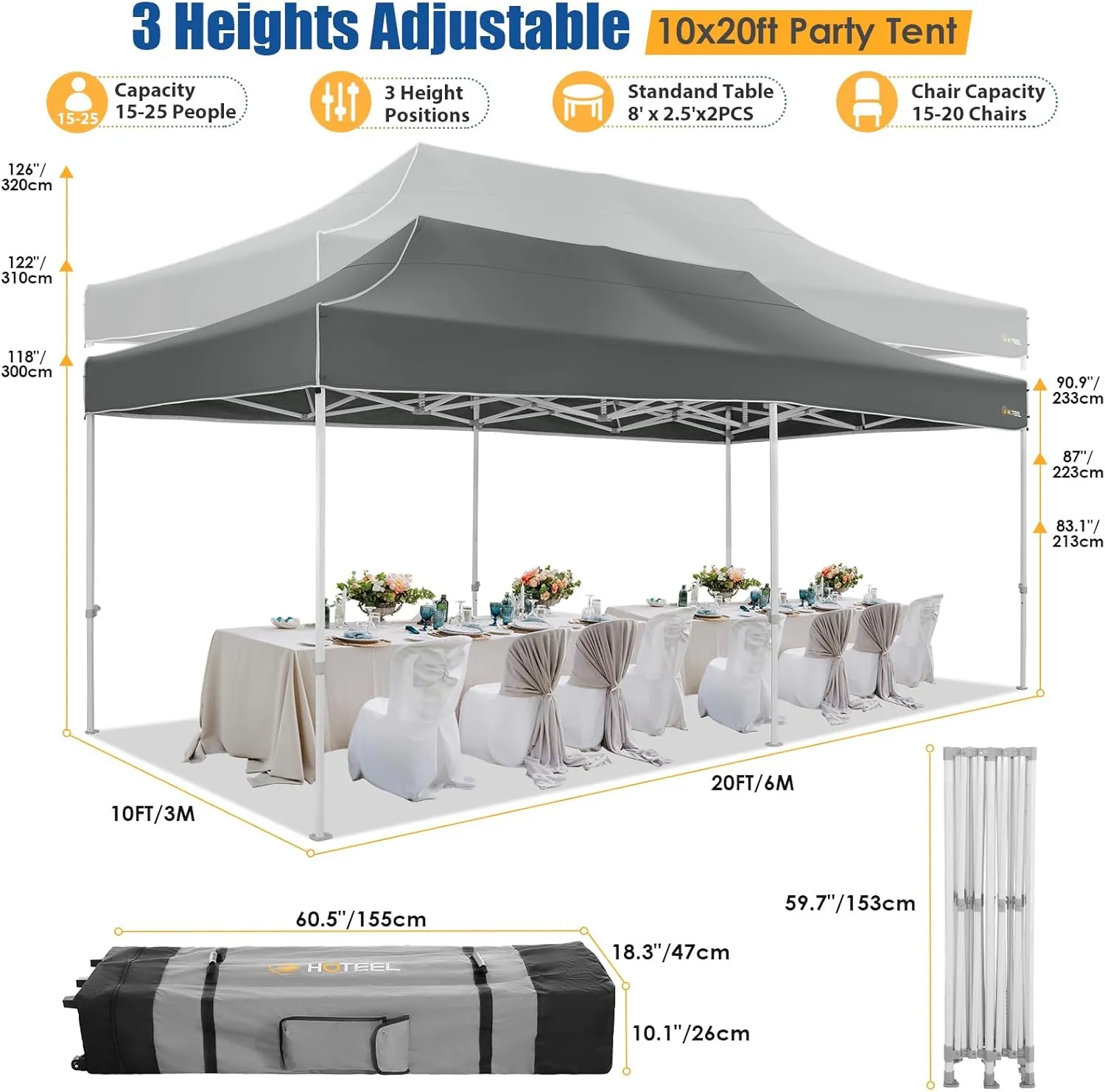 HOTEEL 10x20 Pop up Canopy Tent for Parties, Heavy Duty Easy Setup Tent with 6 Sidewalls, Outdoor Commercial Instant Gazebo for Wedding Event, with Roller Bag & Sand Bags, Grey(Hexagonal Frame)