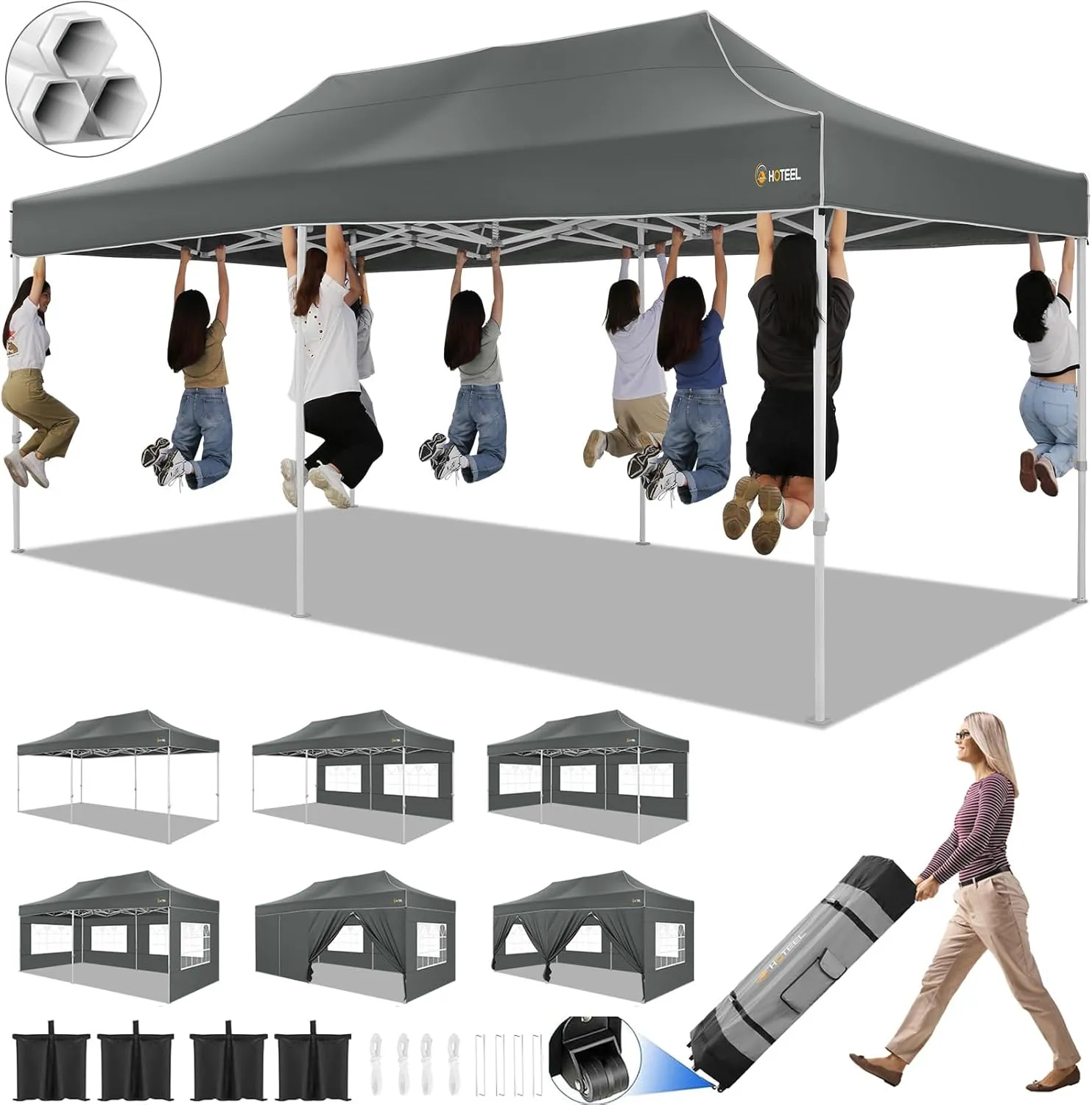 HOTEEL 10x20 Pop up Canopy Tent for Parties, Heavy Duty Easy Setup Tent with 6 Sidewalls, Outdoor Commercial Instant Gazebo for Wedding Event, with Roller Bag & Sand Bags, Grey(Hexagonal Frame)