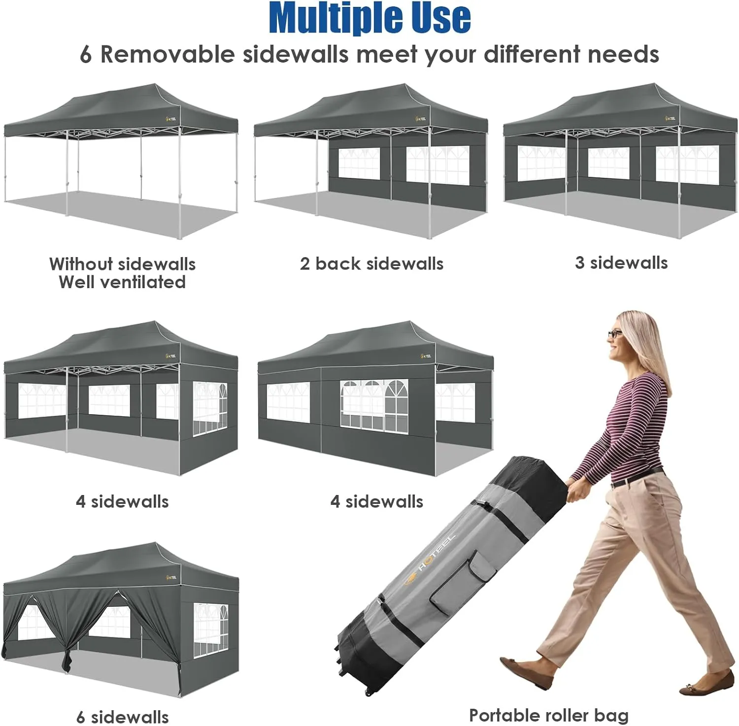 HOTEEL 10x20 Pop up Canopy Tent for Parties, Heavy Duty Easy Setup Tent with 6 Sidewalls, Outdoor Commercial Instant Gazebo for Wedding Event, with Roller Bag & Sand Bags, Grey(Hexagonal Frame)