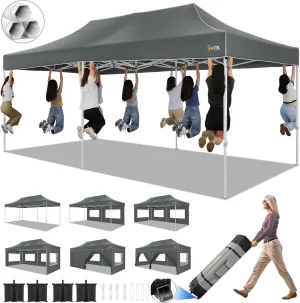 HOTEEL 10x20 Pop up Canopy Tent for Parties, Heavy Duty Easy Setup Tent with 6 Sidewalls, Outdoor Commercial Instant Gazebo for Wedding Event, with Roller Bag & Sand Bags, Grey(Hexagonal Frame)