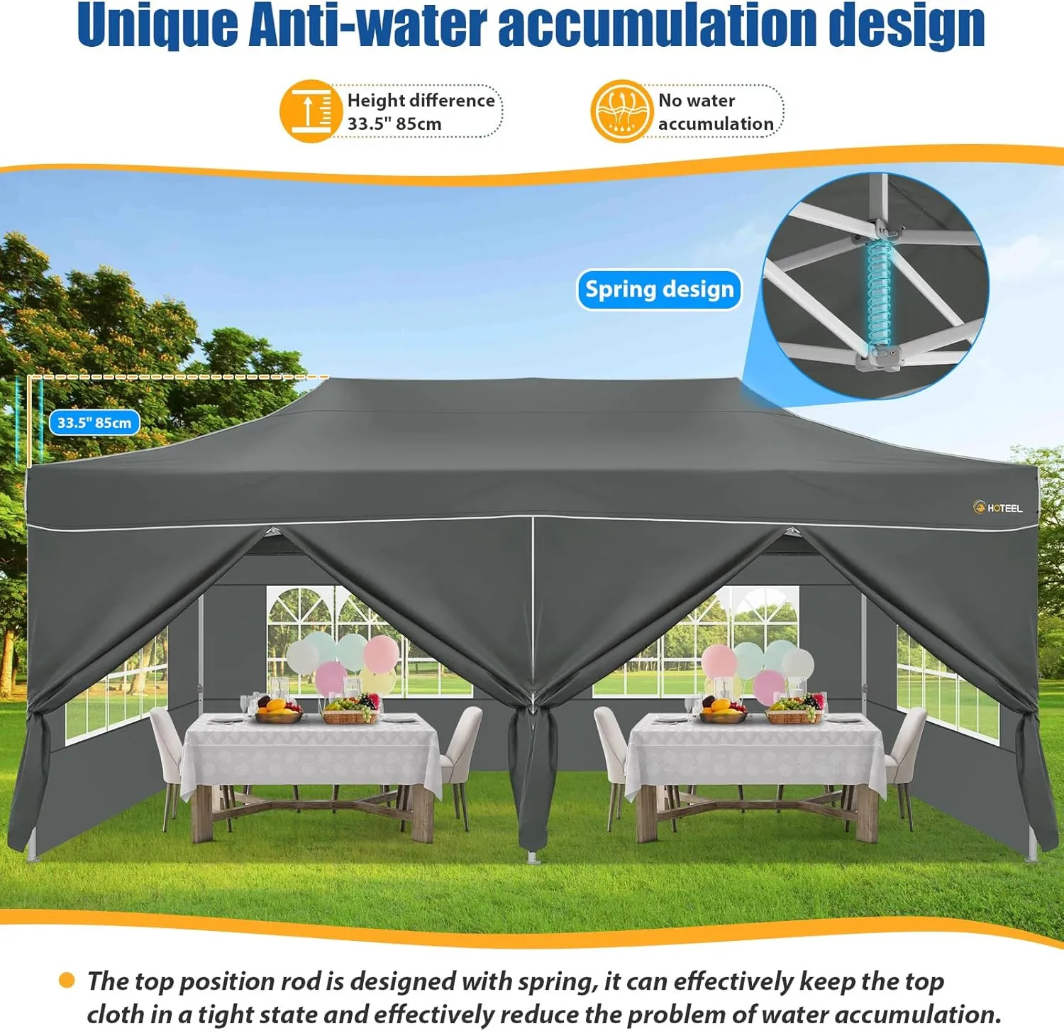 HOTEEL 10x20 Pop up Canopy Tent for Parties, Heavy Duty Easy Setup Tent with 6 Sidewalls, Outdoor Commercial Instant Gazebo for Wedding Event, with Roller Bag & Sand Bags, Grey(Hexagonal Frame)