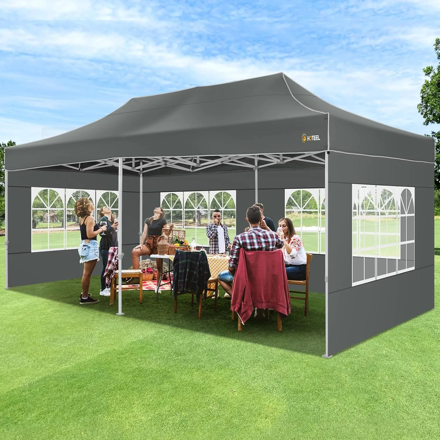 HOTEEL 10x20 Pop up Canopy Tent for Parties, Heavy Duty Easy Setup Tent with 6 Sidewalls, Outdoor Commercial Instant Gazebo for Wedding Event, with Roller Bag & Sand Bags, Grey(Hexagonal Frame)