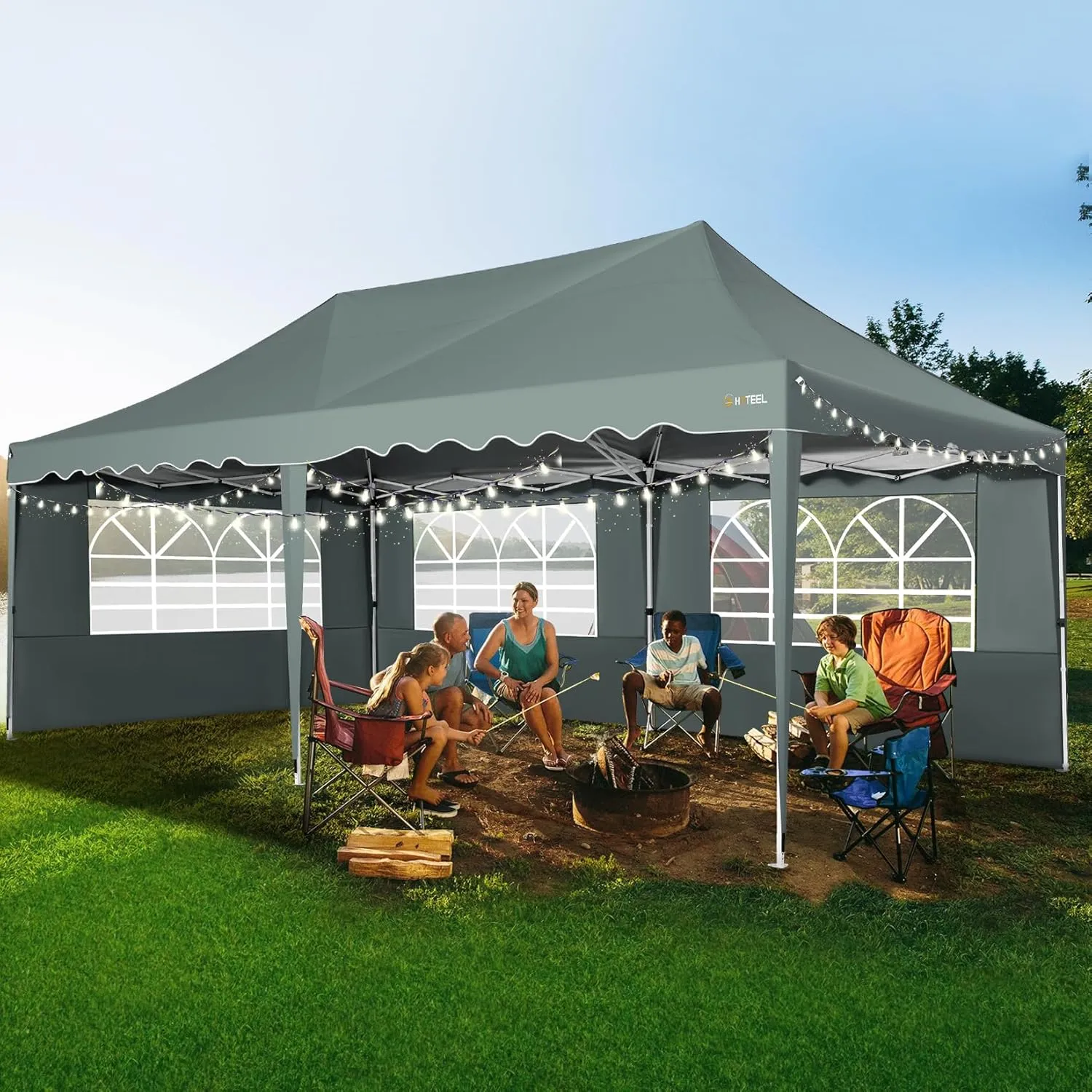 HOTEEL 10x20 Pop Up Canopy Tent with Sidewalls, High Roof Outdoor Easy Setup Canopy Party Ten Waterproof Event Tent Gazebo with Wheeled Bag, Sandbag for Parties,Backyard,Camping,Vendor, Grey