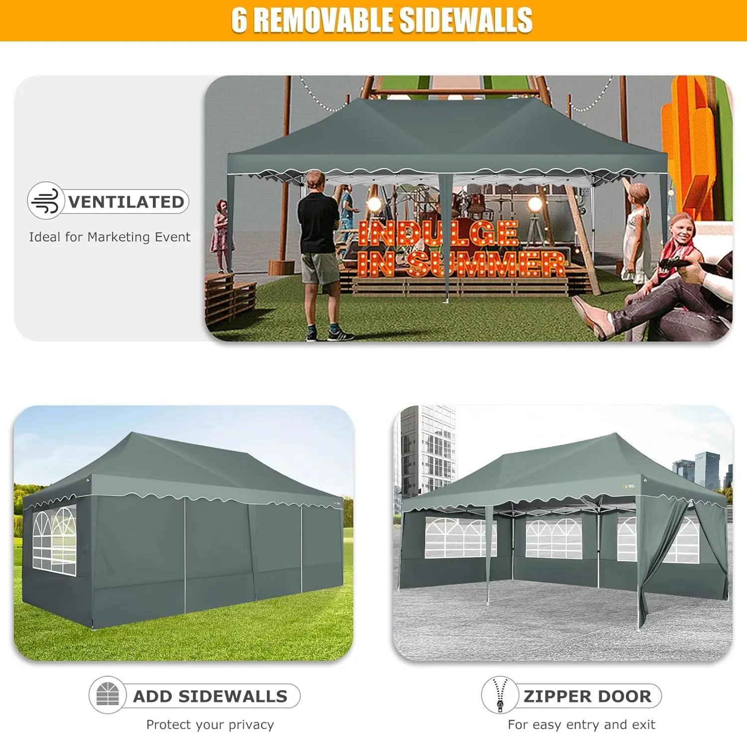 HOTEEL 10x20 Pop Up Canopy Tent with Sidewalls, High Roof Outdoor Easy Setup Canopy Party Ten Waterproof Event Tent Gazebo with Wheeled Bag, Sandbag for Parties,Backyard,Camping,Vendor, Grey