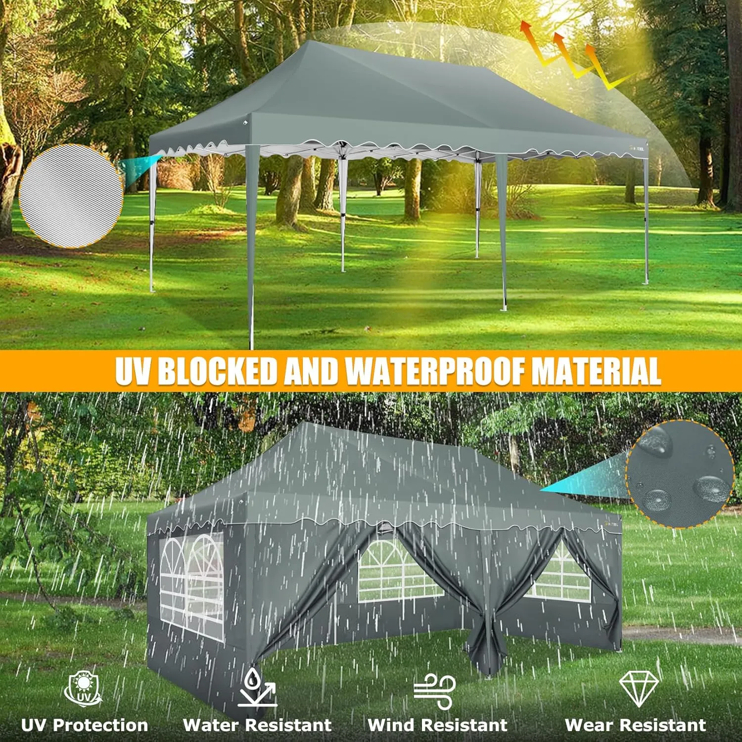 HOTEEL 10x20 Pop Up Canopy Tent with Sidewalls, High Roof Outdoor Easy Setup Canopy Party Ten Waterproof Event Tent Gazebo with Wheeled Bag, Sandbag for Parties,Backyard,Camping,Vendor, Grey