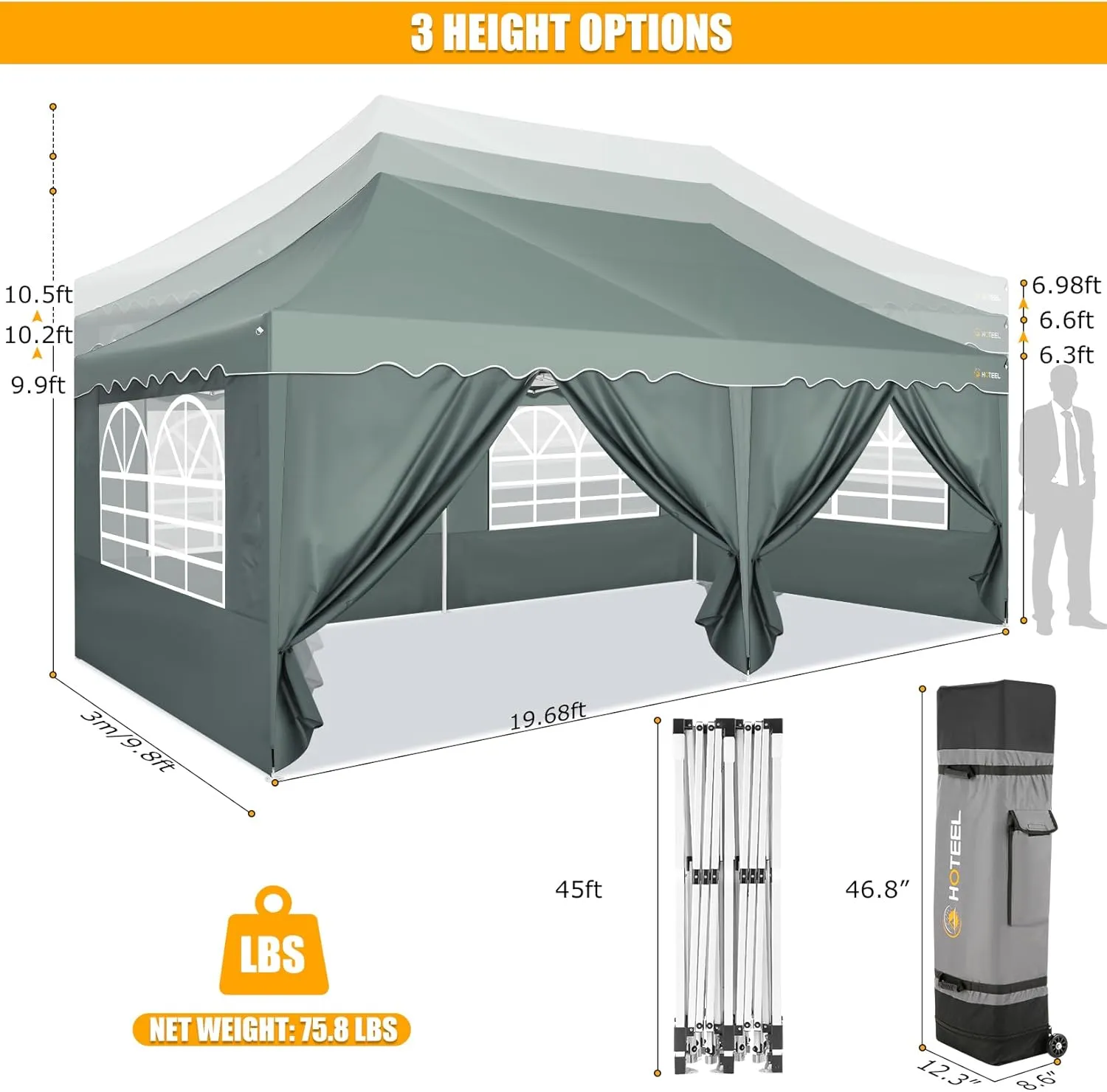 HOTEEL 10x20 Pop Up Canopy Tent with Sidewalls, High Roof Outdoor Easy Setup Canopy Party Ten Waterproof Event Tent Gazebo with Wheeled Bag, Sandbag for Parties,Backyard,Camping,Vendor, Grey