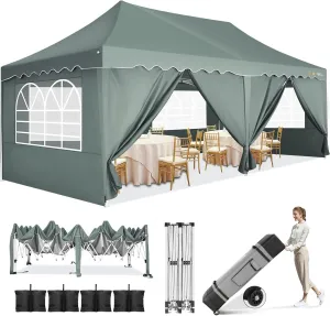 HOTEEL 10x20 Pop Up Canopy Tent with Sidewalls, High Roof Outdoor Easy Setup Canopy Party Ten Waterproof Event Tent Gazebo with Wheeled Bag, Sandbag for Parties,Backyard,Camping,Vendor, Grey