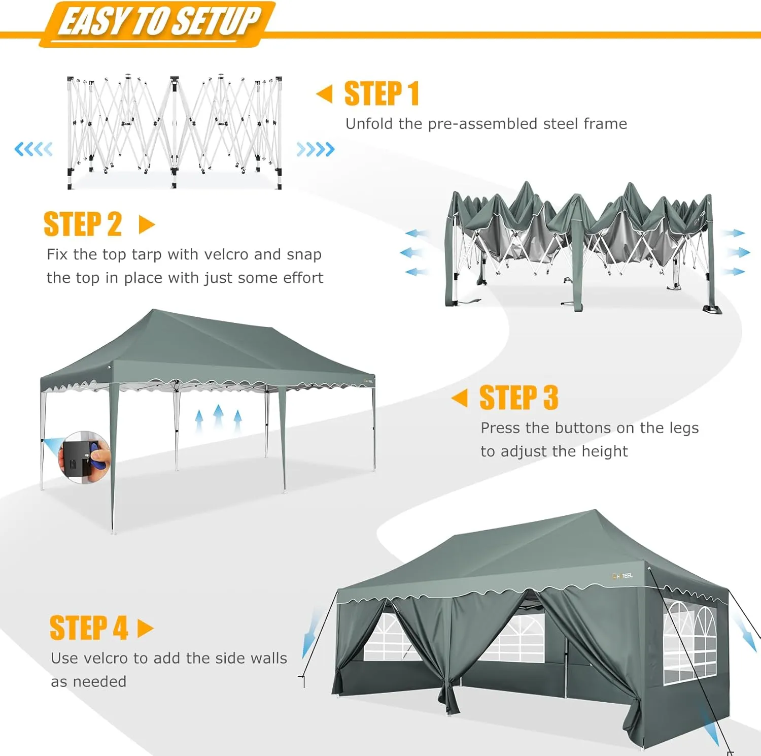 HOTEEL 10x20 Pop Up Canopy Tent with Sidewalls, High Roof Outdoor Easy Setup Canopy Party Ten Waterproof Event Tent Gazebo with Wheeled Bag, Sandbag for Parties,Backyard,Camping,Vendor, Grey