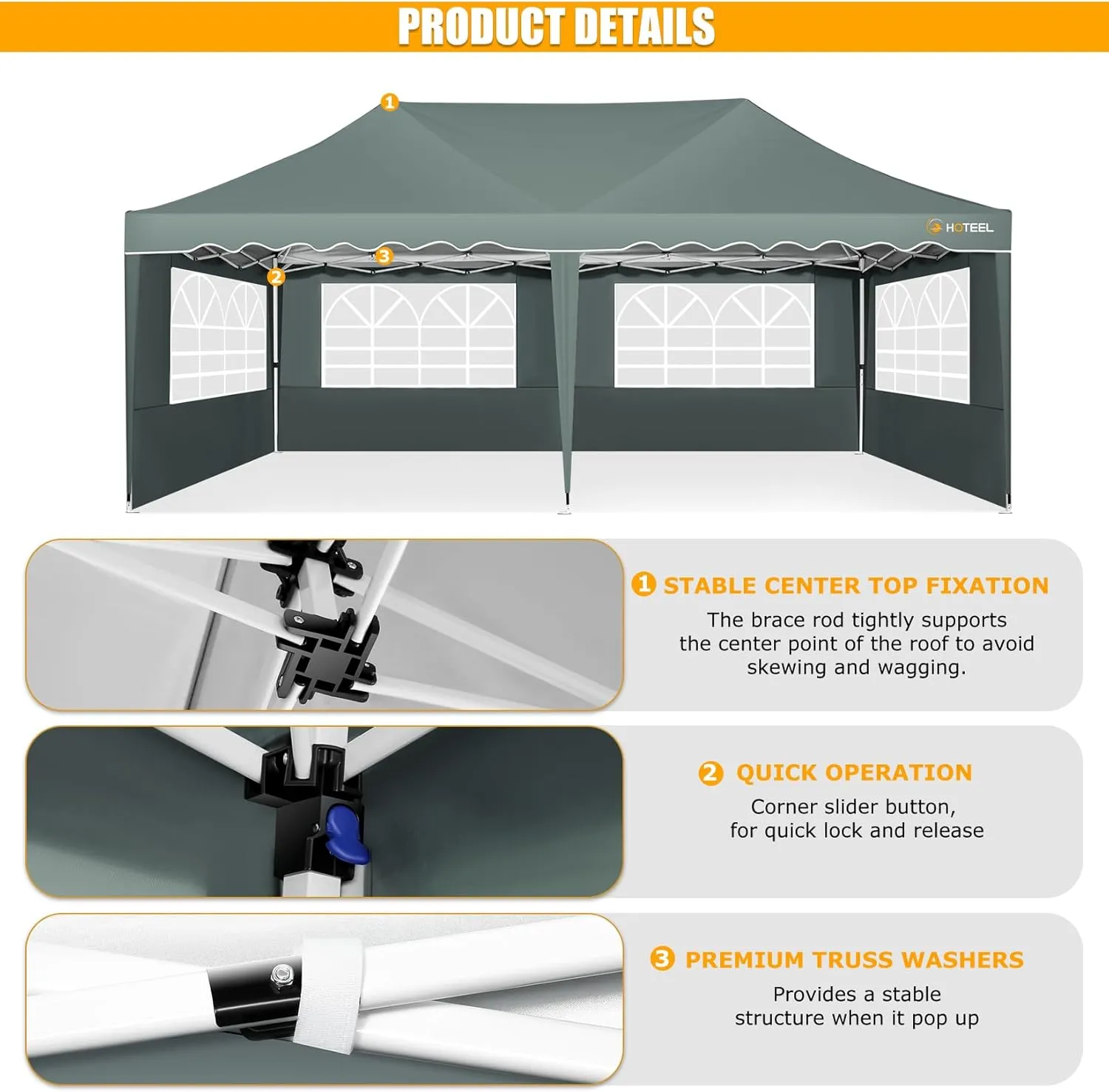HOTEEL 10x20 Pop Up Canopy Tent with Sidewalls, High Roof Outdoor Easy Setup Canopy Party Ten Waterproof Event Tent Gazebo with Wheeled Bag, Sandbag for Parties,Backyard,Camping,Vendor, Grey