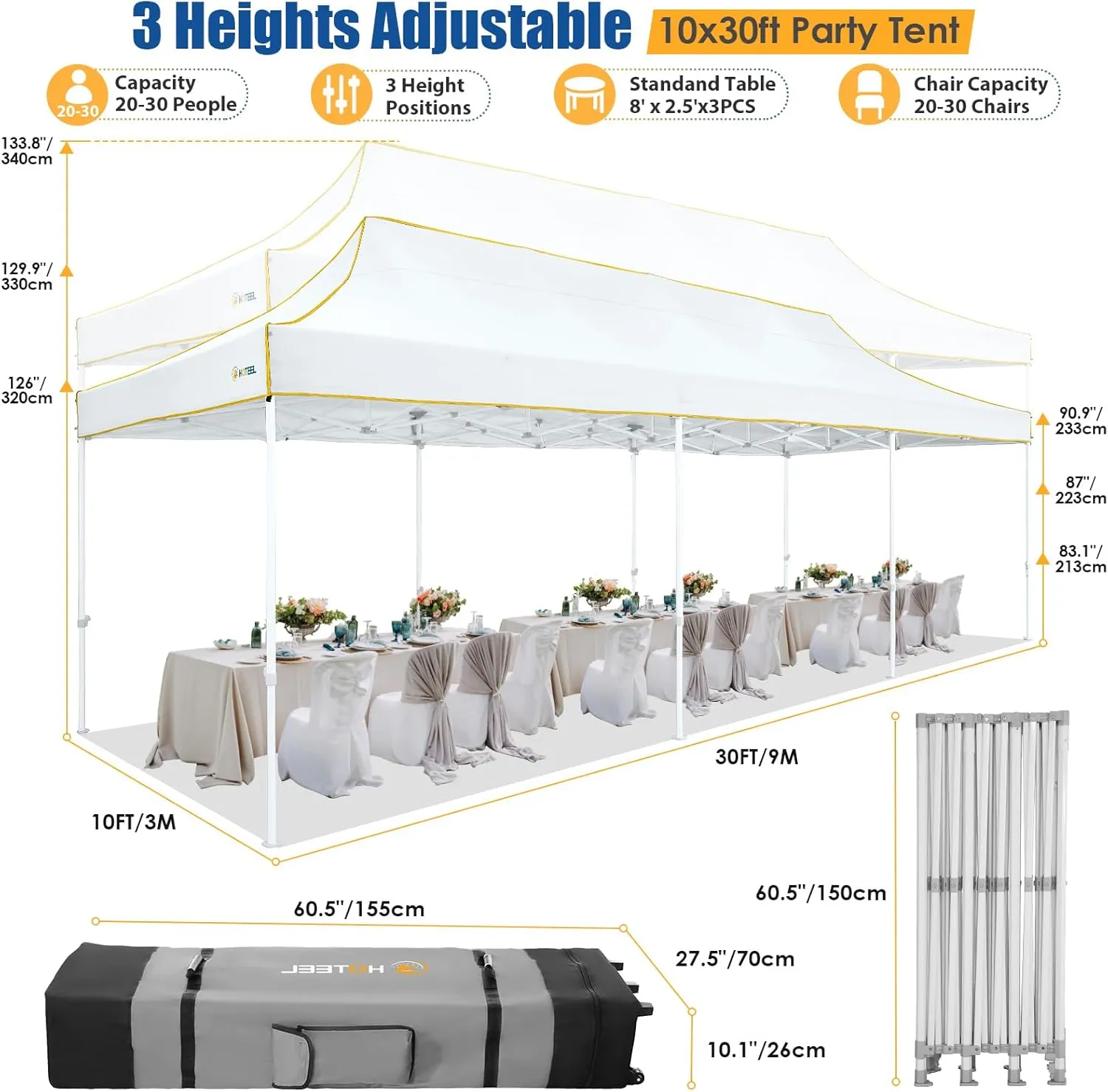 HOTEEL 10x30 Pop up Canopy Tent for Parties, Heavy Duty Easy Setup Tent Without Sidewalls, Outdoor Commercial Instant Gazebo for Wedding Event, with Portable Bag, White(Hexagonal Frame)