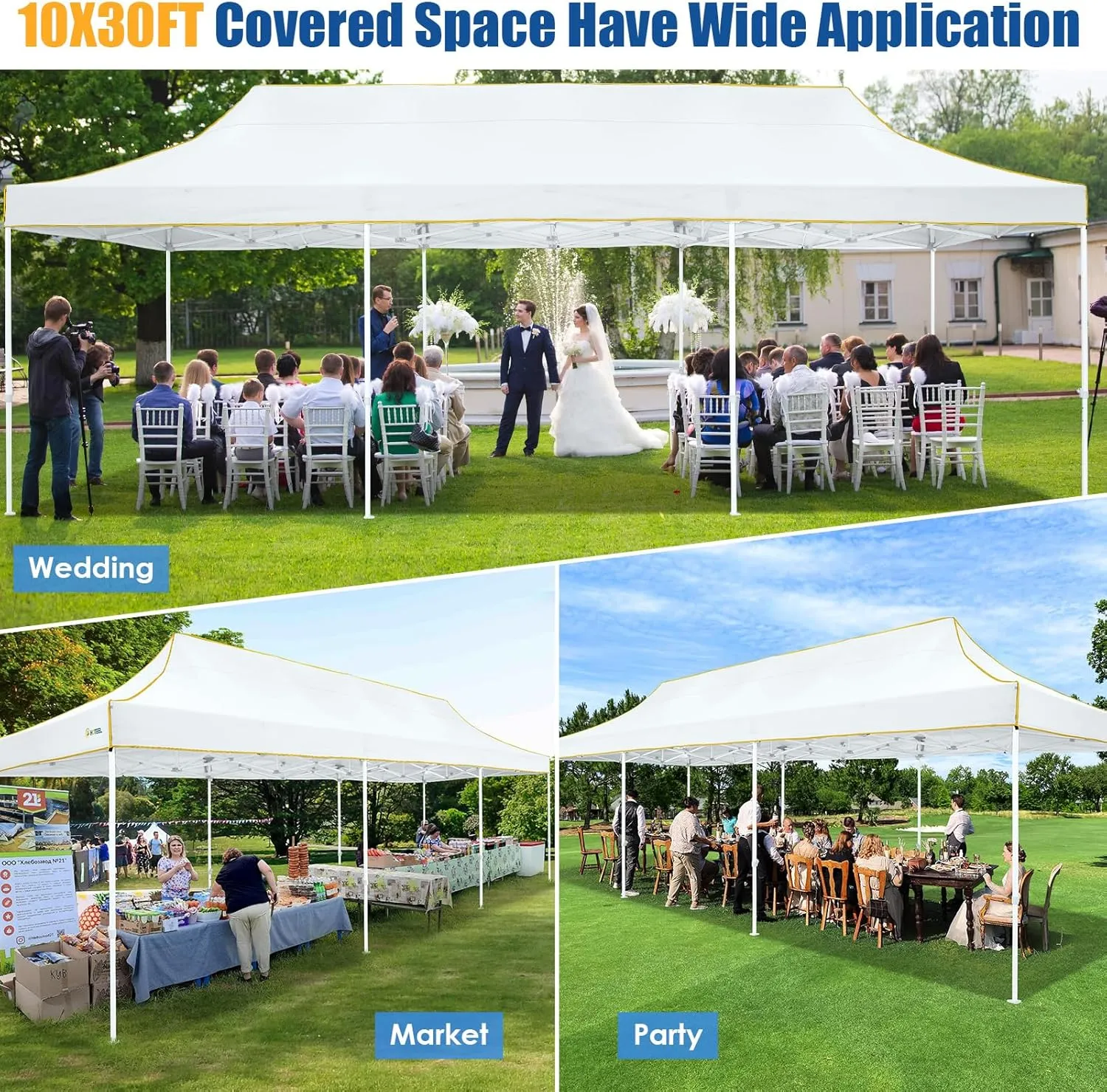 HOTEEL 10x30 Pop up Canopy Tent for Parties, Heavy Duty Easy Setup Tent Without Sidewalls, Outdoor Commercial Instant Gazebo for Wedding Event, with Portable Bag, White(Hexagonal Frame)