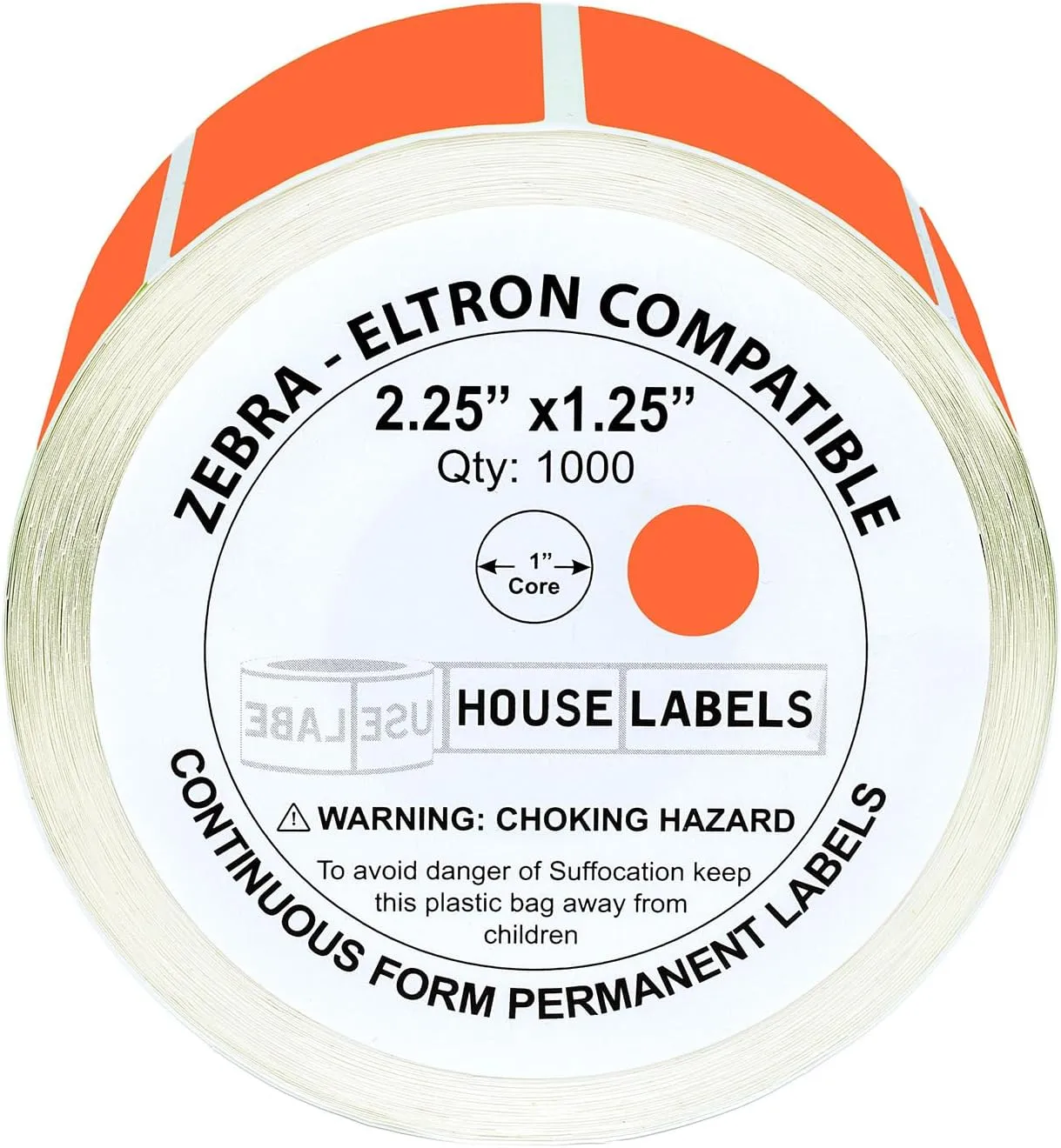 HOUSELABELS 2.25" x 1.25" Orange Address Labels on 1" Core Compatible with Zebra and Rollo Printers, 4 Rolls / 1,000 Labels per Roll