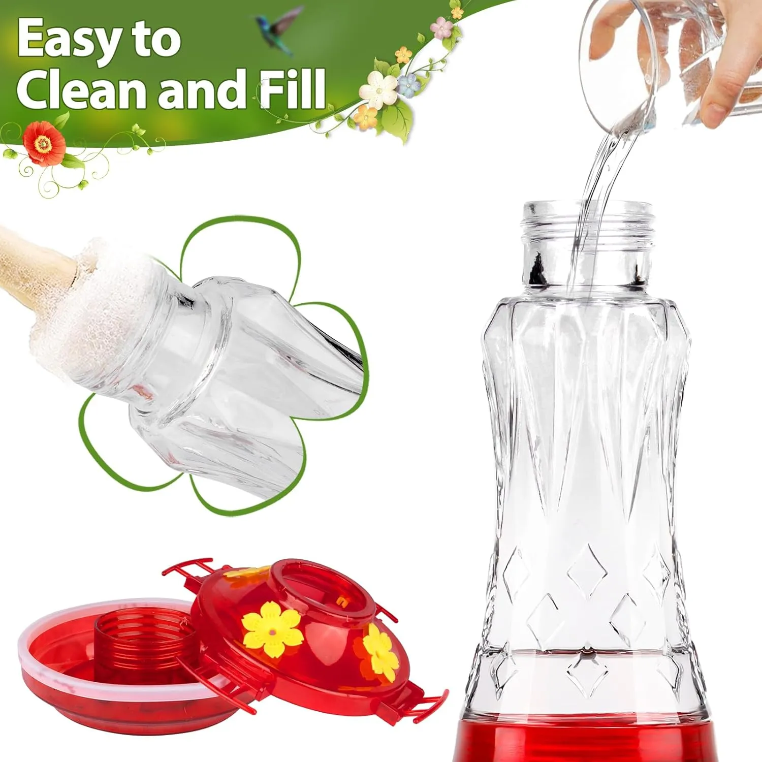 Hummingbird Feeders for Outdoors Hanging, BOLITE Glass Hummingbird Feeder, 4 Bee Guard Feeding Ports, Built-in Ant Moat, Leak Proof, 15 Ounces, Stars Decor, Red, 2 Pack, Gifts for Women Men