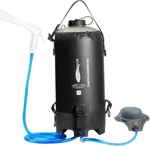 HXBER 12L Portable Camping Shower Bag with Foot Pump and Shower Head Hose for Camping Hiking Backpacking