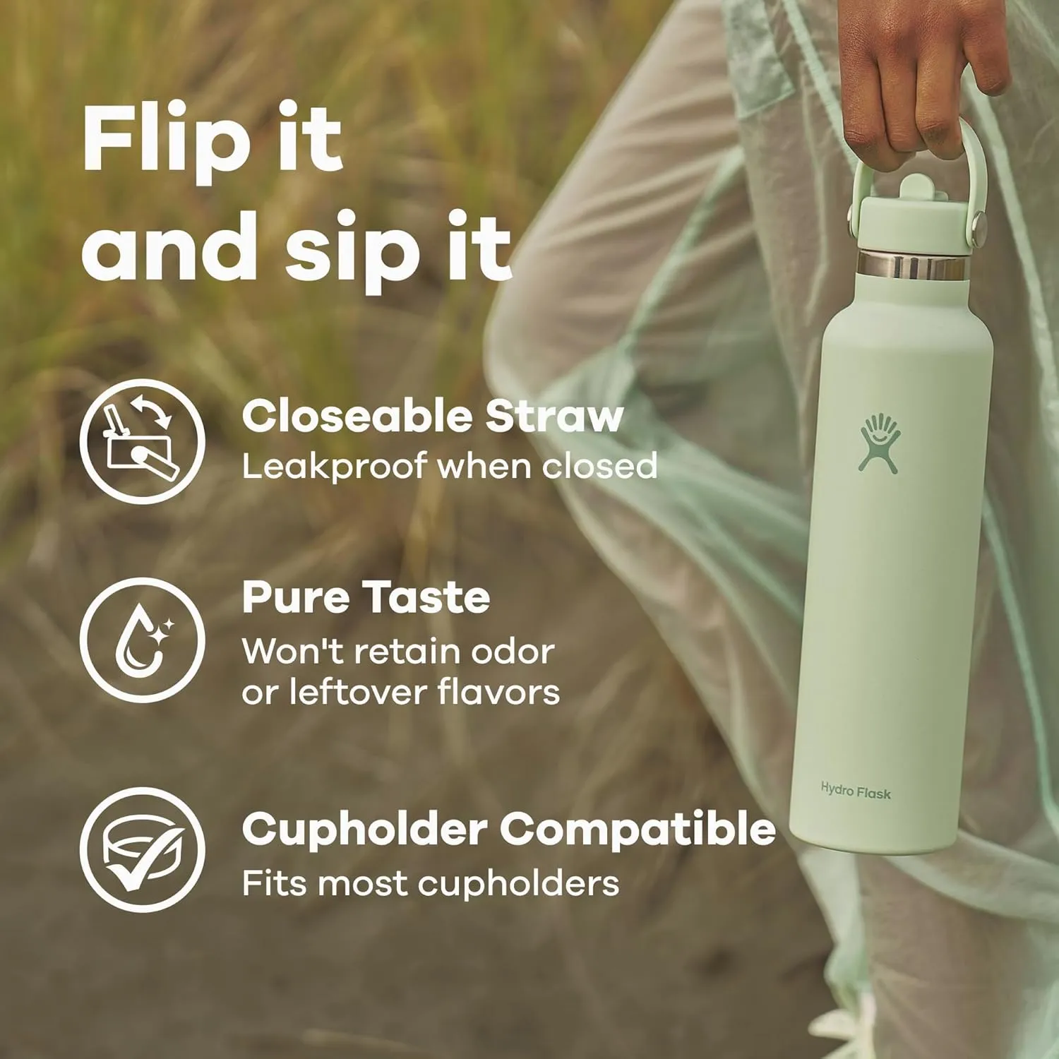 Hydro Flask 24 Oz Stainless Steel Standard Mouth Water Bottle with Flex Straw Cap and Double-Wall Vacuum Insulation