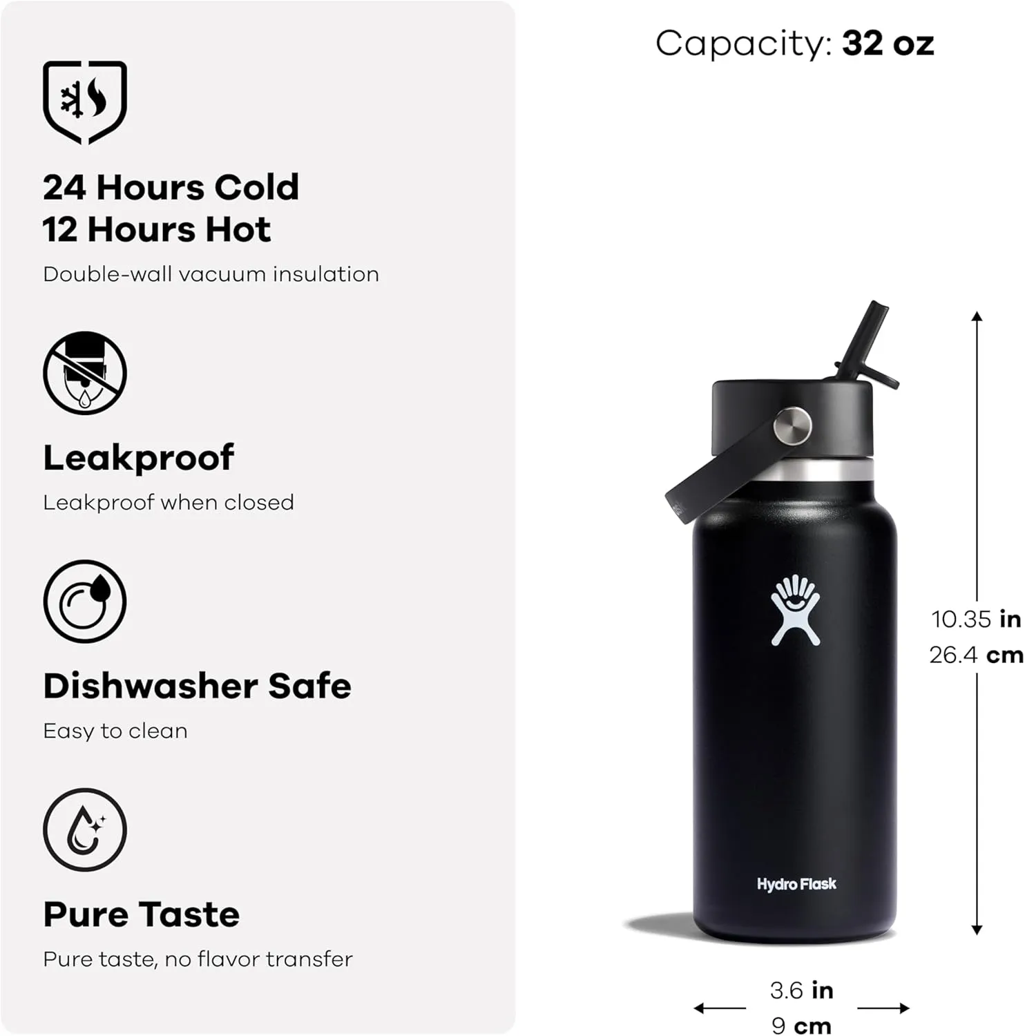 HYDRO FLASK Wide Mouth vacuum insulated stainless steel water bottle with leakproof closeable straw lid for cold water drinks, sports, travel, car and school