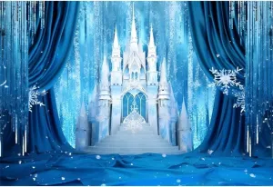 Ice Castle Backdrop Blue Curtains White Winter Castle Decorations Background Wonderland Ice and Snow World Sweet Girl Birthday Party Background Newborn Baby Shower Studio Props 10x8ft