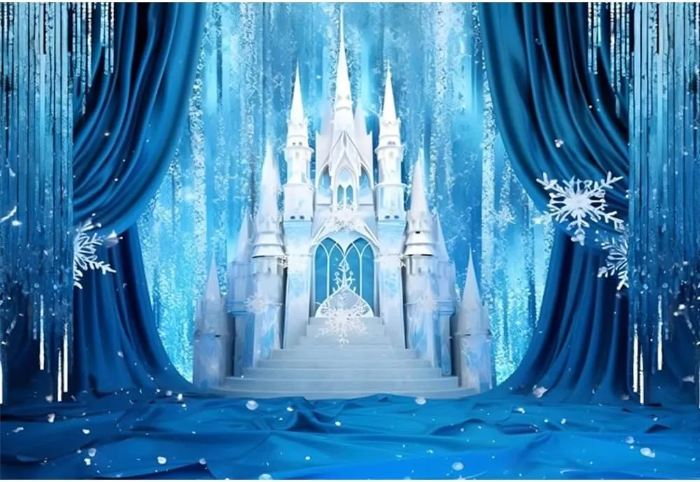 Ice Castle Backdrop Blue Curtains White Winter Castle Decorations Background Wonderland Ice and Snow World Sweet Girl Birthday Party Background Newborn Baby Shower Studio Props 10x8ft