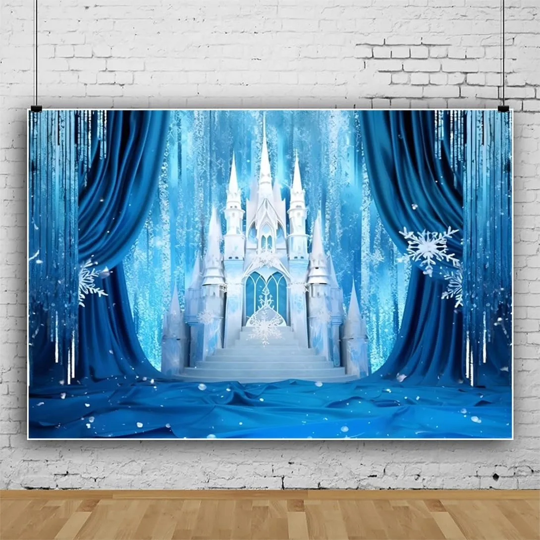 Ice Castle Backdrop Blue Curtains White Winter Castle Decorations Background Wonderland Ice and Snow World Sweet Girl Birthday Party Background Newborn Baby Shower Studio Props 10x8ft