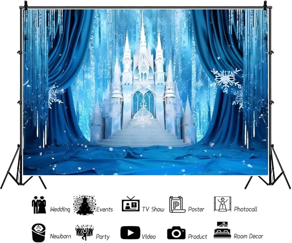 Ice Castle Backdrop Blue Curtains White Winter Castle Decorations Background Wonderland Ice and Snow World Sweet Girl Birthday Party Background Newborn Baby Shower Studio Props 10x8ft