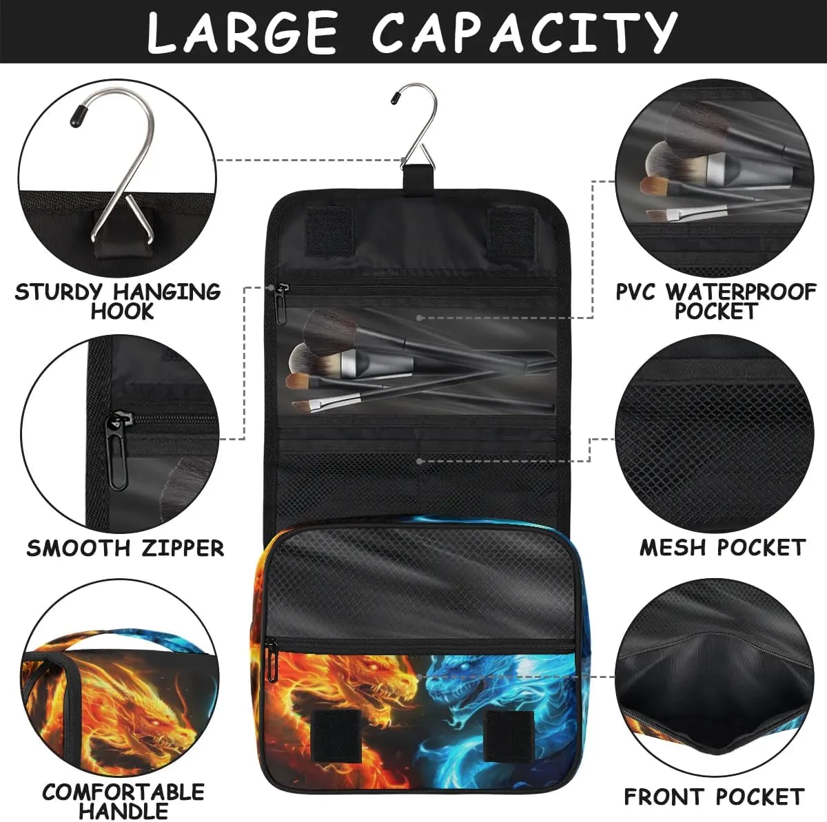 Ice Fire Dragon Hanging Travel Toiletry Bag for Kids, Women Cosmetic Organizer Makeup Bag Pouch Men Shaving Dopp Kit Shower Bag With Sturdy Hook