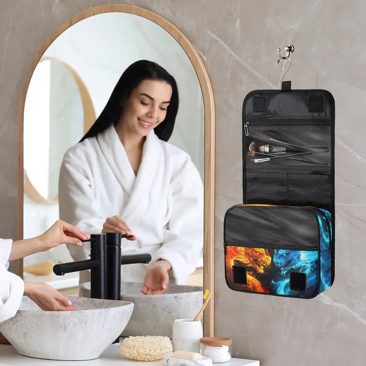 Ice Fire Dragon Hanging Travel Toiletry Bag for Kids, Women Cosmetic Organizer Makeup Bag Pouch Men Shaving Dopp Kit Shower Bag With Sturdy Hook