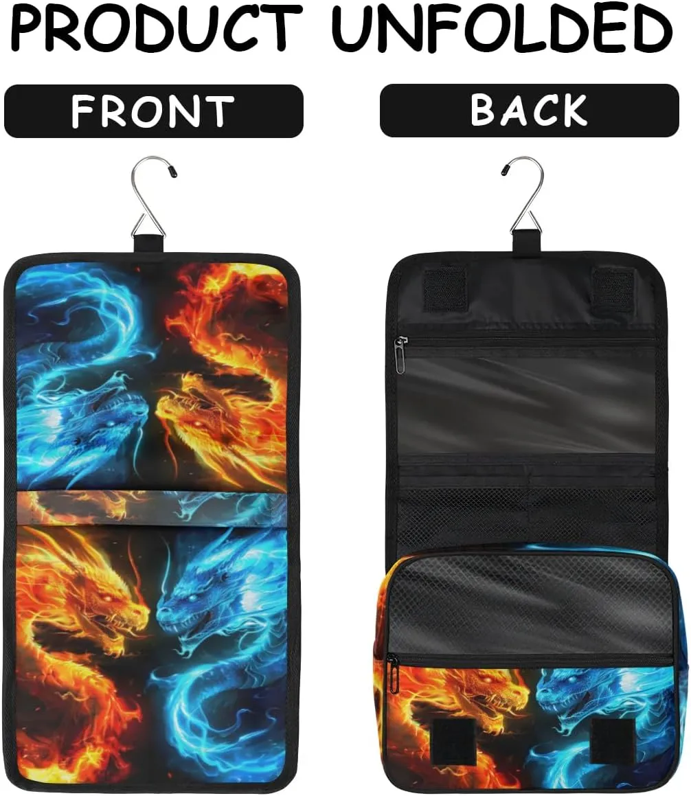 Ice Fire Dragon Hanging Travel Toiletry Bag for Kids, Women Cosmetic Organizer Makeup Bag Pouch Men Shaving Dopp Kit Shower Bag With Sturdy Hook