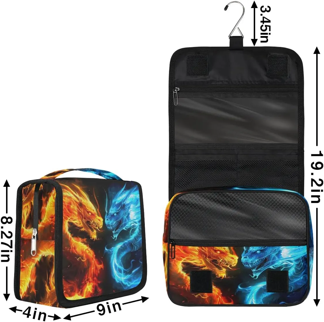Ice Fire Dragon Hanging Travel Toiletry Bag for Kids, Women Cosmetic Organizer Makeup Bag Pouch Men Shaving Dopp Kit Shower Bag With Sturdy Hook