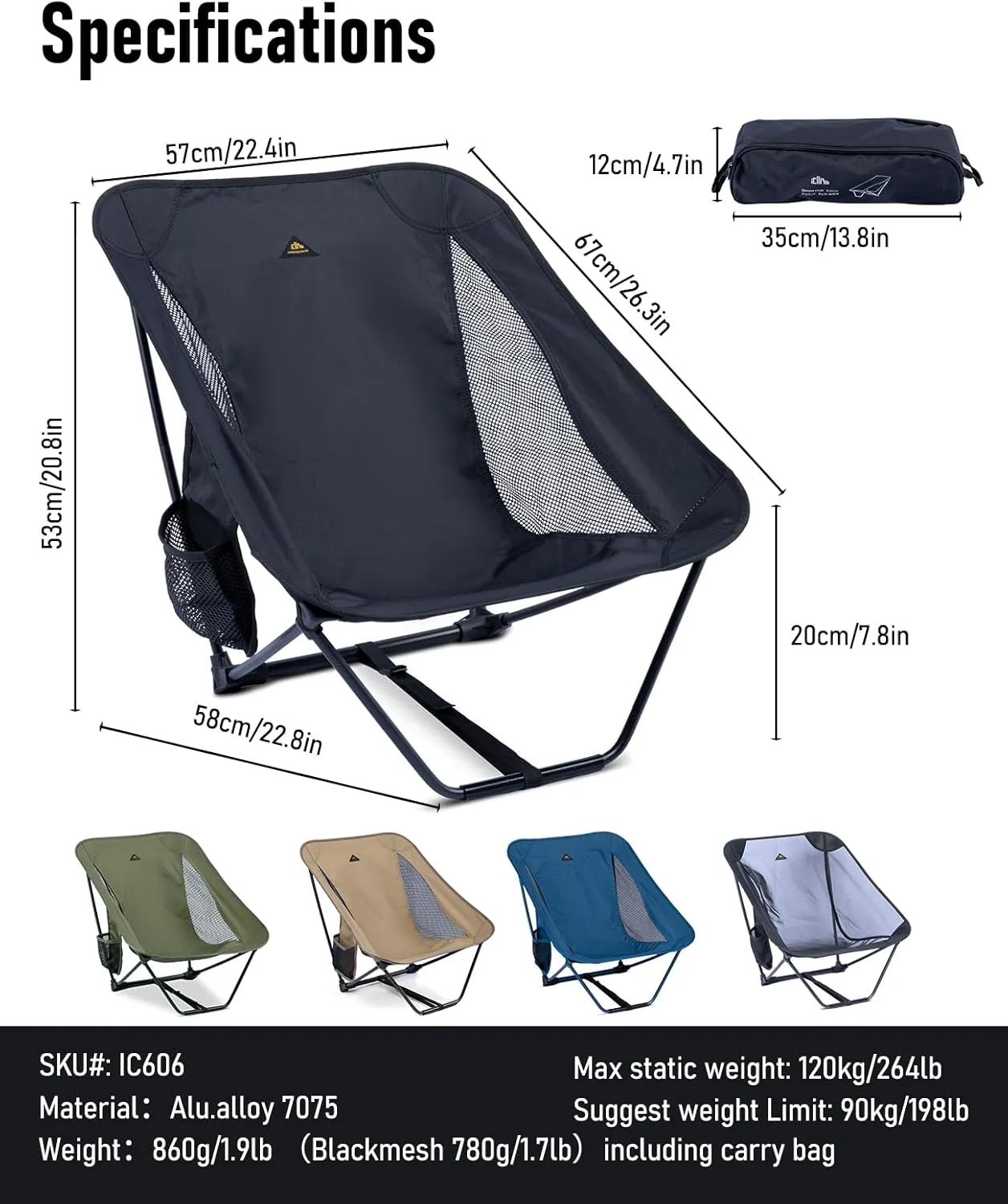 iClimb Low Ultralight Compact Camping Folding Chair with Side Pocket and Carry Bag